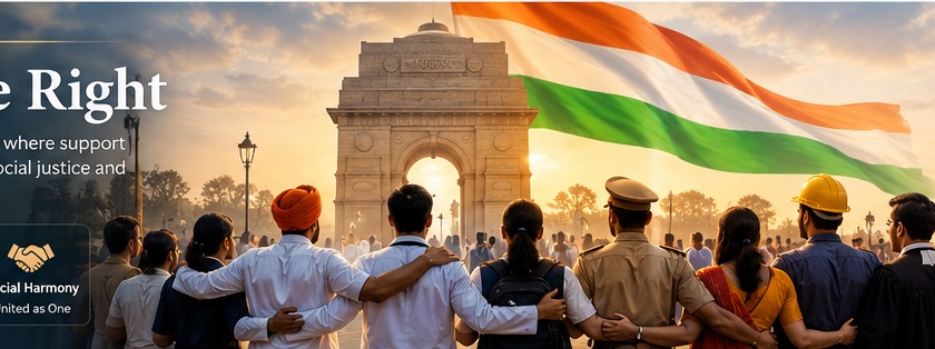 Diverse Indian citizens together under the national flag, representing equal opportunity