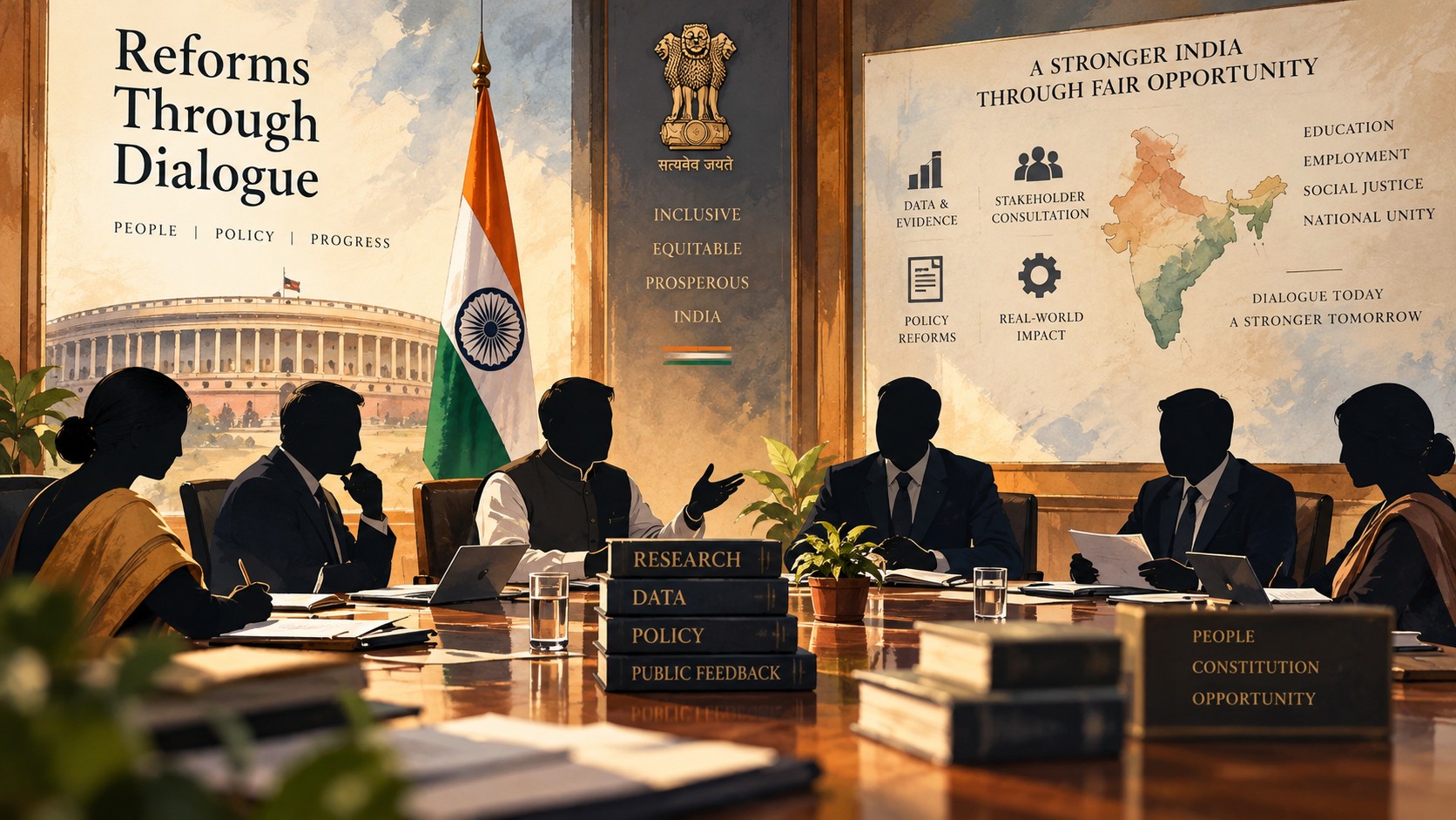 Faceless artistic illustration of an Indian government policy discussion